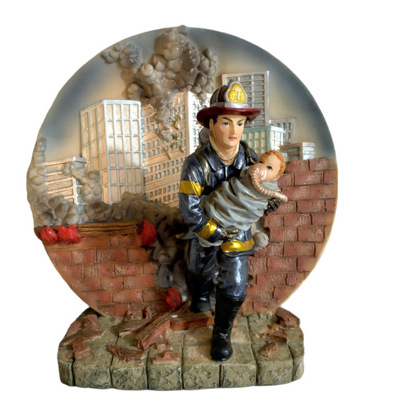 Vtg Fire Fighter Saving a Child Statue Figurine 3D Resin Decorative Plaque 8" - Picture 1 of 7